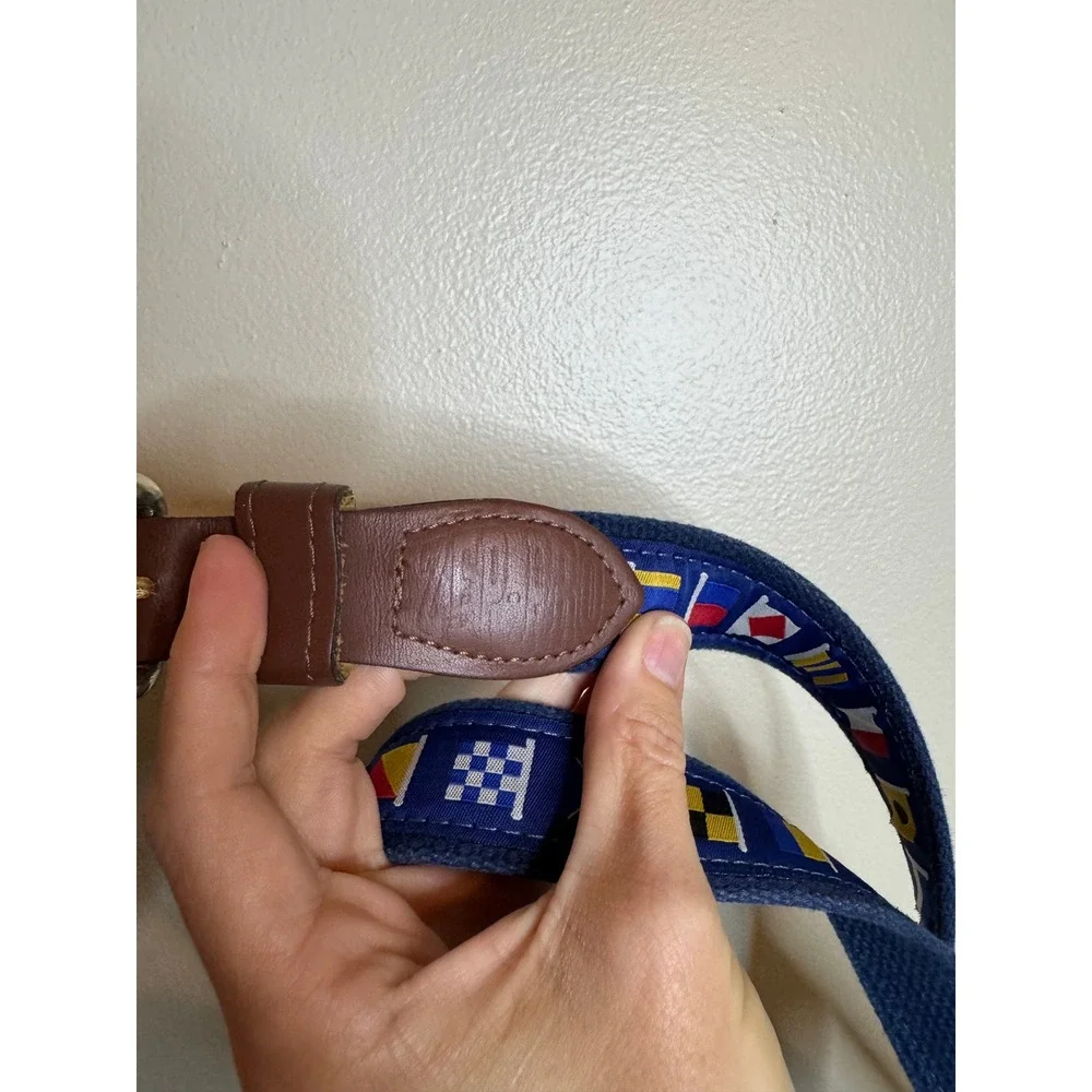 Polo Ralph Lauren Mens Nautical Signal Flag Canvas Leather Belt Navy Blue 40 USA